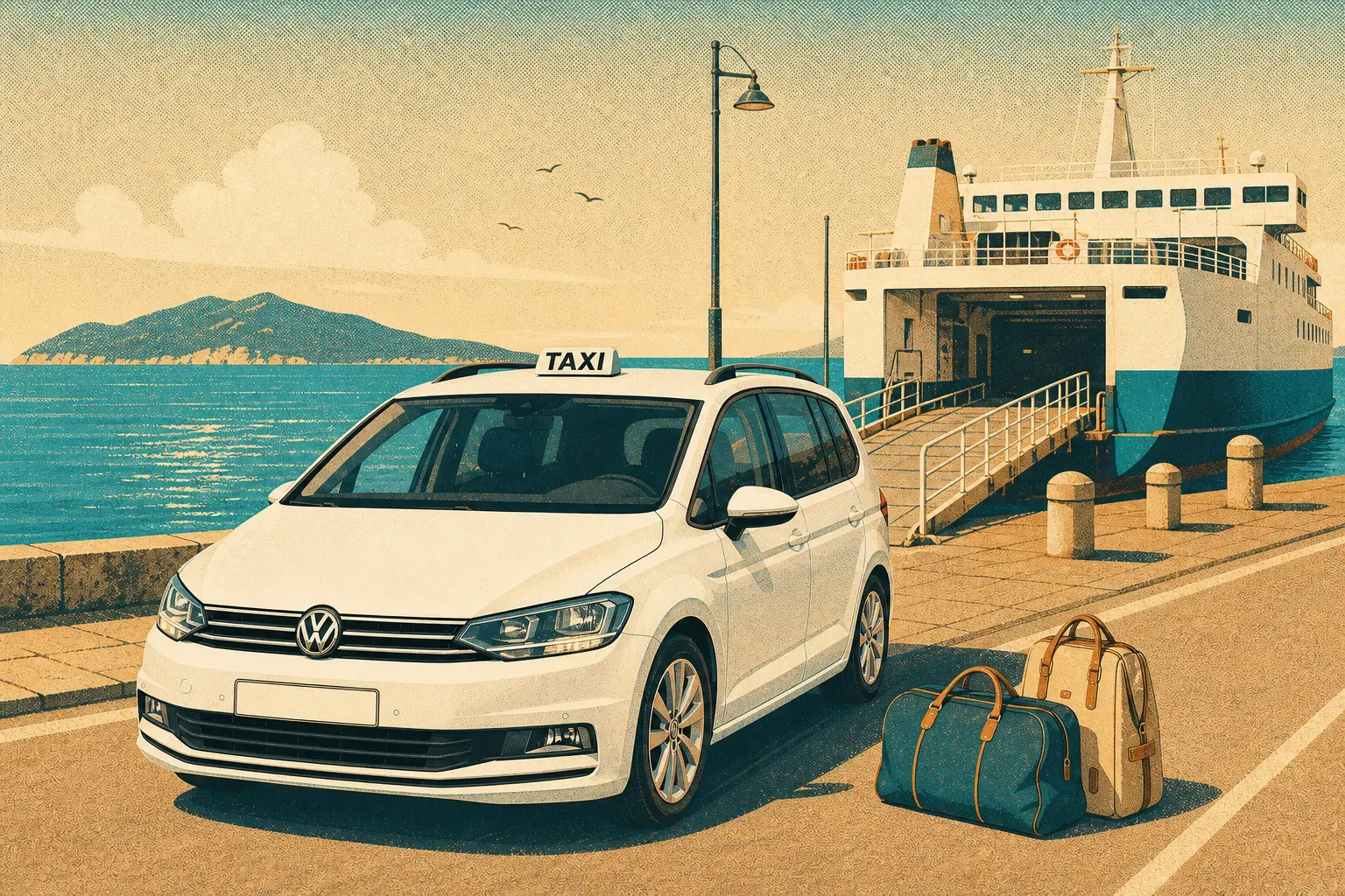 Taxi bianco al porto di Formia con traghetto sullo sfondo