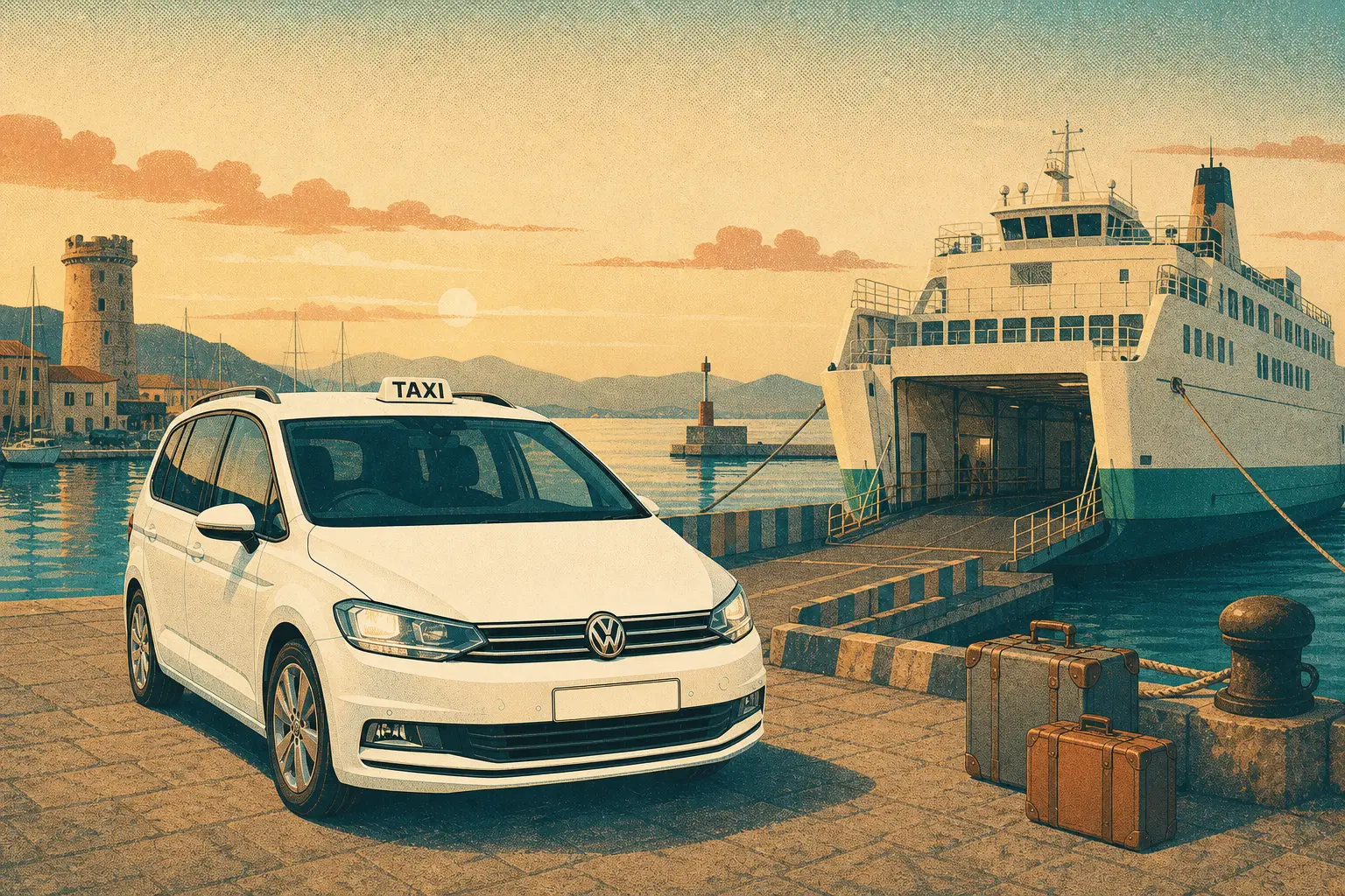 Illustrazione rétro della Touran taxi bianca al Molo Vespucci di Formia all’alba