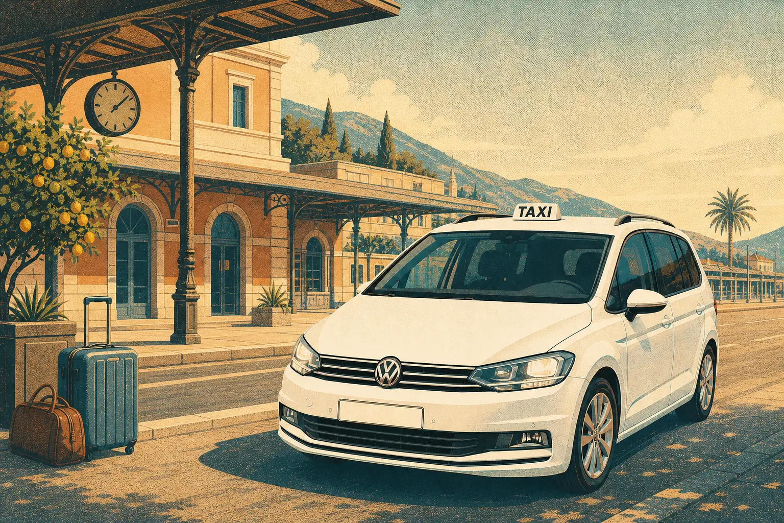 Illustrazione rétro della Touran taxi bianca davanti alla stazione di Formia–Gaeta al mattino