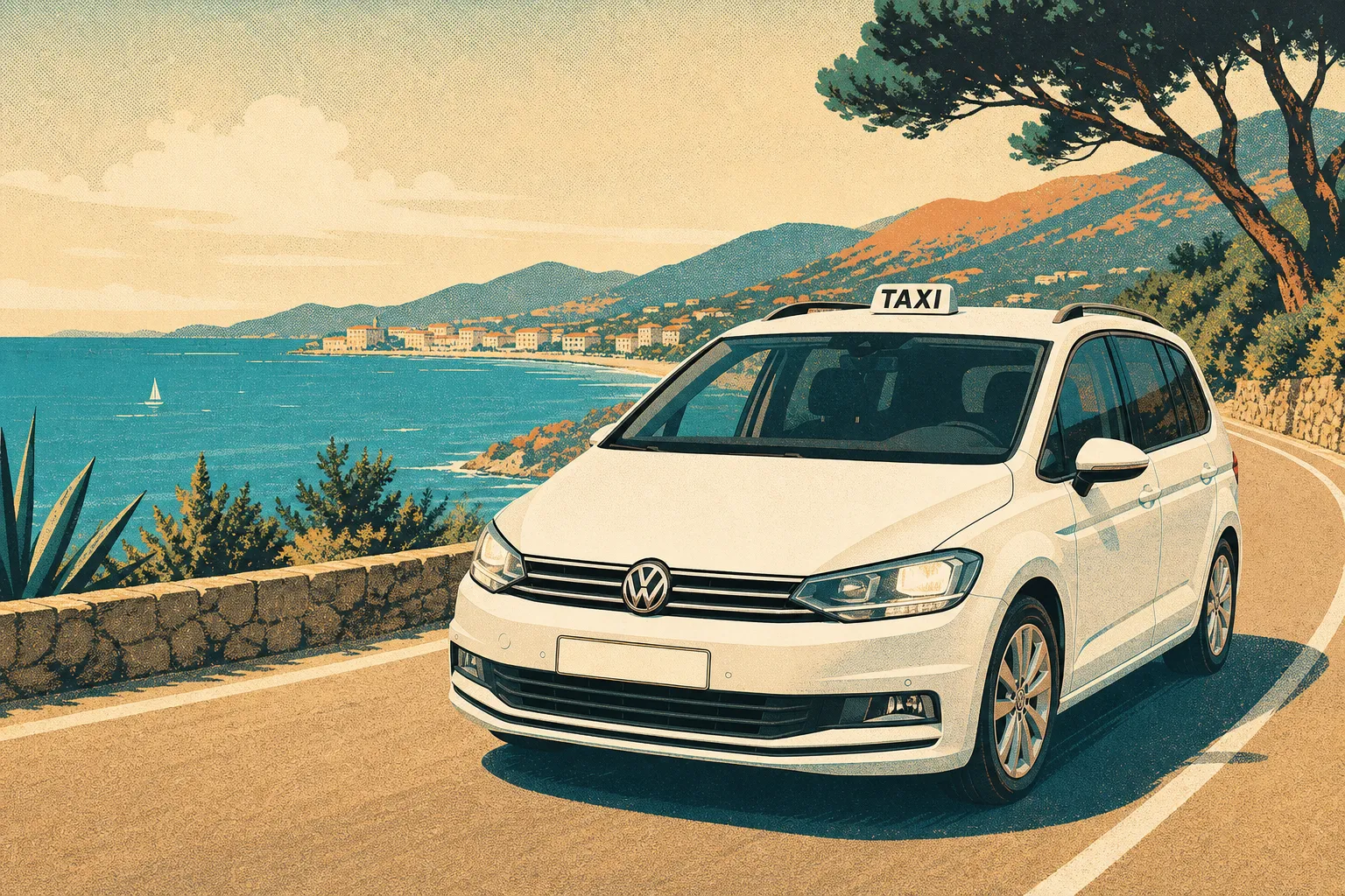 Volkswagen Touran bianca del servizio taxi su una strada costiera del Golfo di Gaeta